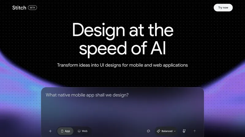 หน้าเริ่มต้น Google Stitch สำหรับออกแบบ UI ของเว็บไซต์ด้วย AI